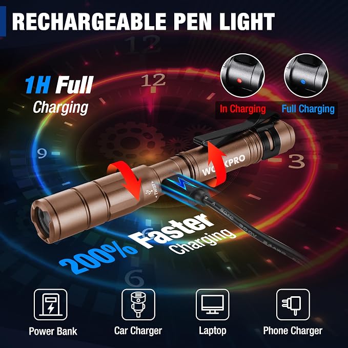 WORKPRO Rechargeable Pen Light 2 Pack Ultra-Compact EDC Flashlight Black | Mini Flashlight Pocket Flashlight with Clip Memory Function and 2 x USB C Cable Included