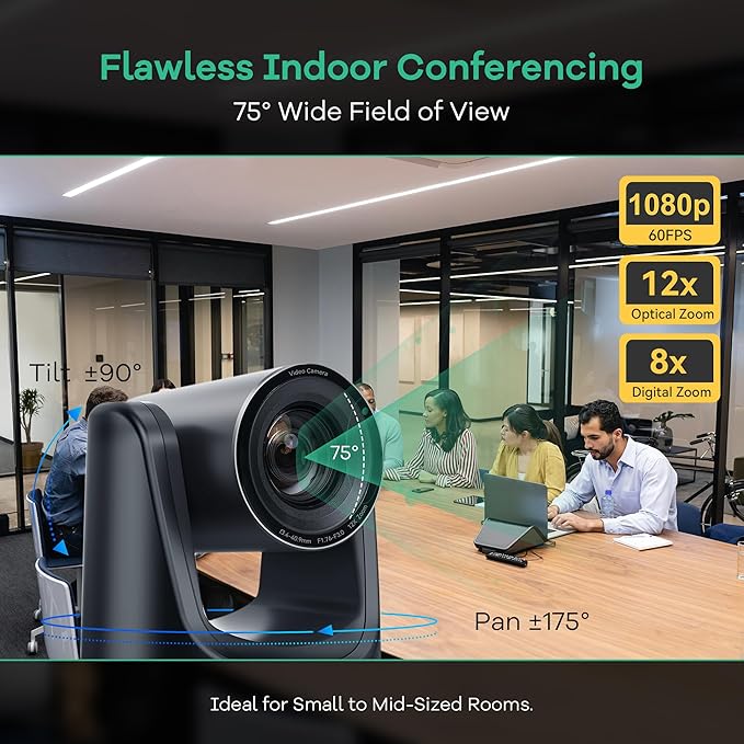 TONGVEO PTZ Camera AI Auto Tracking 12X Optical Zoom Conference Room Camera Wide View HDMI/USB3.0 60fps 1080P Video Conference for Church Worship Meeting Online Learn with Zoom YouTube OBS and More