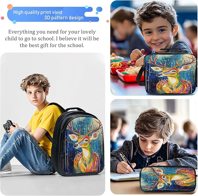 Deer Backpack Set 3 Piece School Bags and Lunch Box with Pencil Case Colorful Elk Bookbag Set for Toddler Kids Girls Boys Teens Kindergarten Elementary Middle