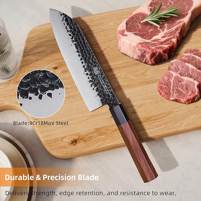 FINDKING Japanese Santoku Knife 7 Inch, Multipurpose Japanese Chef Knife with High Carbon Steel Blade, Rosewood Octagonal Handle, for Meat, Fish, Fruits and Vegetables, Dynasty Series