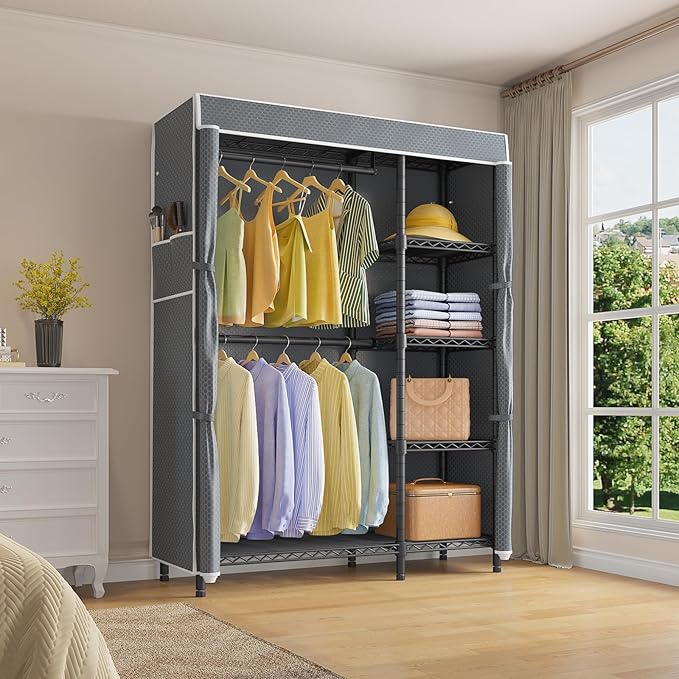 VIPEK V7C Garment Racks with Cover Portable Closets for Hanging Clothes, Heavy Duty Clothes Rack with Shelves Metal Closet Wardrobe, Max 670lbs, Black Rack with Grey Upgraded Polyester Cover