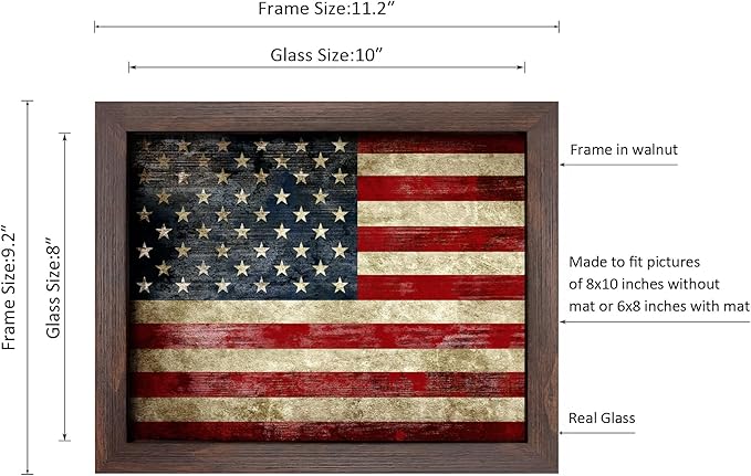 Wieco Art Old Vintage American Flag Wall Art Canvas Print Motivation Classroom Decor With Red Picture Frame and Real Glass Made to Display 5x7" with Mat or 8x10" Without Mat for Home Office Wall Decoration