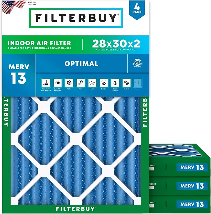 Filterbuy 28x30x2 Air Filter MERV 13 Optimal Smoke & Allergy Defense,