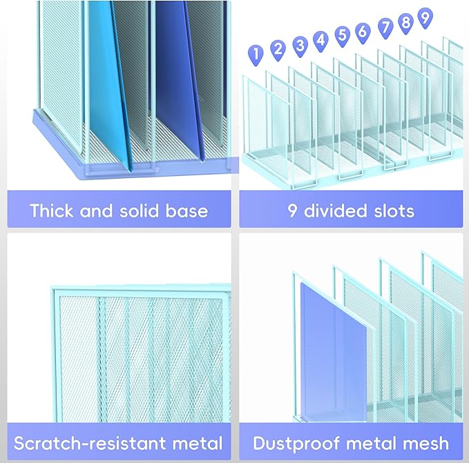 9-Section Desk File Organizer, Vertical File Holder, Mesh Desktop File Folder Metal File Organizer Stand for Office Home Classroom, Blue
