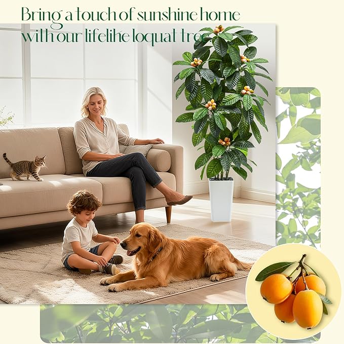 Artificial Loquat Tree：6FT Realistic Tropical Fruit Plants Fake Large Tall Tree Silk Floor Plants in White Pot with Golden Loquat Fruit for Home Decor Indoor Outdoor Room Patio Entryway Garden