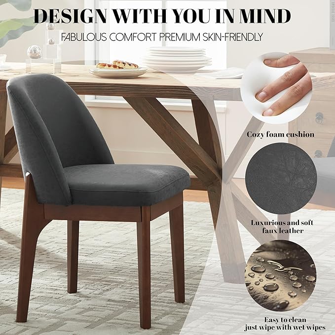 VKNOW Modern Dining Chairs, Faux Leather Kitchen Chairs with Wood Legs, Upholstered Side Chair for Kitchen Dining Room (Black, Set of 6)