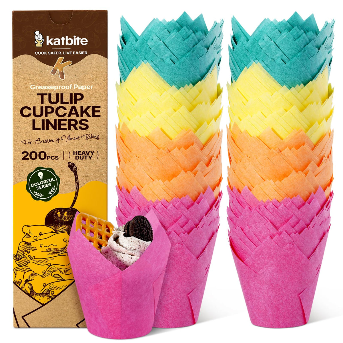 Katbite Tulip Cupcake Liners 200PCS, Standard Size Muffin Baking Cups Brown