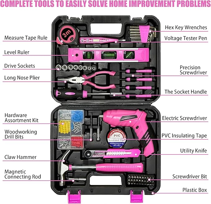 Pink Toolbox Essentials for Women Girls Starter DIY Drilling Kit with Cordless Power Tools, Electric Drill, Hammer, Screwdriver Sets, Mini Hand Tools, and Combo Bits for Home Repair Household Gift