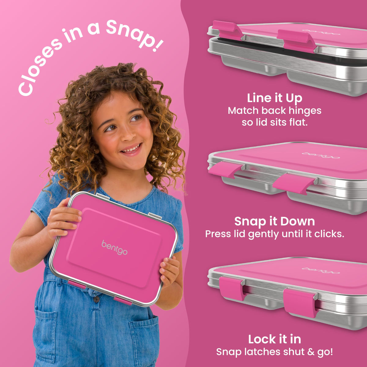 Bentgo Kids Stainless Steel Leak-Resistant Lunch Box - 3-Compartments with Bonus Silicone Container, Durable, Eco-Friendly, Dishwasher Safe, BPA-Free, Ideal for School, Ages 3+ (Fuchsia)