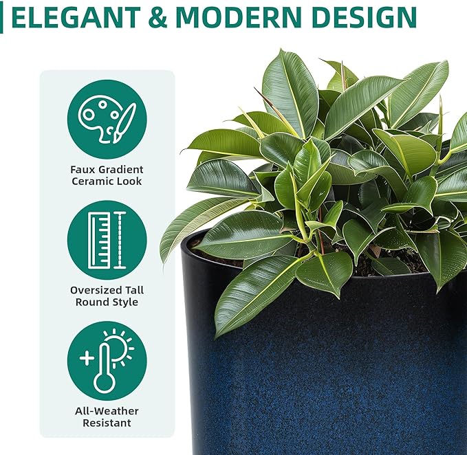 23.8" Large Tall Planters Set of 2 Plant Pot Plastic Flower Pots Outdoor Gradient Cobalt Blue Finish Front Porch Decor Pot Weather-Resistant & Lightweight for Garden, Patio, Deck, Indoor