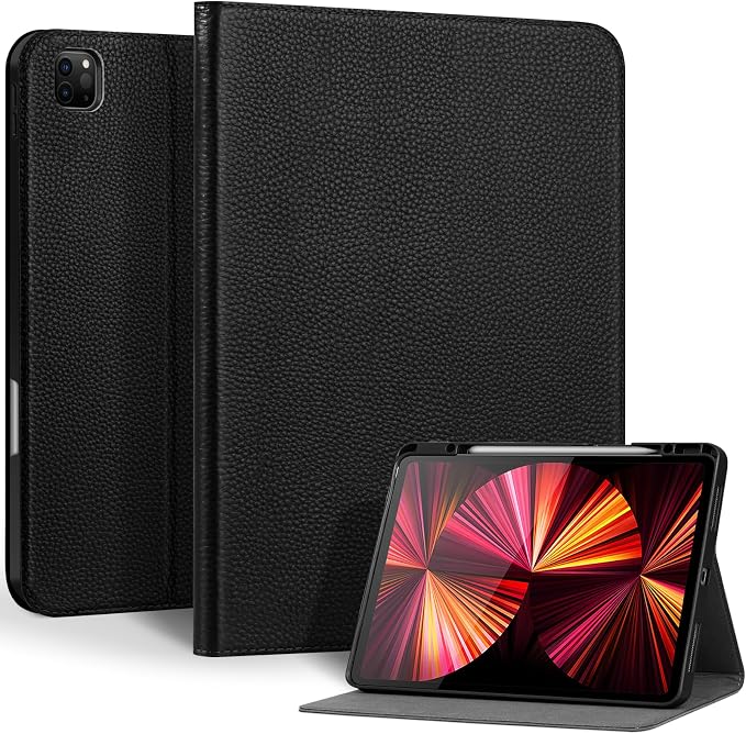 Genuine Leather Case for iPad 11th Gen 11/10th Gen 10.9 Black | Pencil Holder Adjustable Stand Auto Wake/Sleep Shockproof