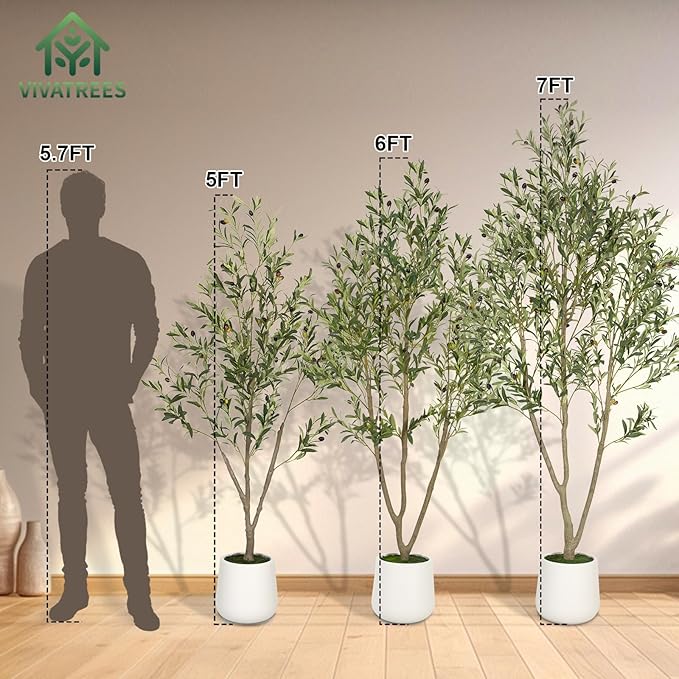 Olive Trees Artificial Indoor, 7FT Tall Faux Olive Tree with White Tall Planter, Artificial Plants with Natural Wood Trunk and Lifelike Fruits for Home Office Decor