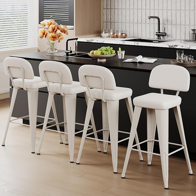 Aklaus PU Leather Metal Bar Stools 24 inch Faux Leather Counter Height Barstools Set of 4 Modern Farmhouse Bar Chairs with High Backs and Faux Leather Seat for Kitchen Island Dining Room Off White