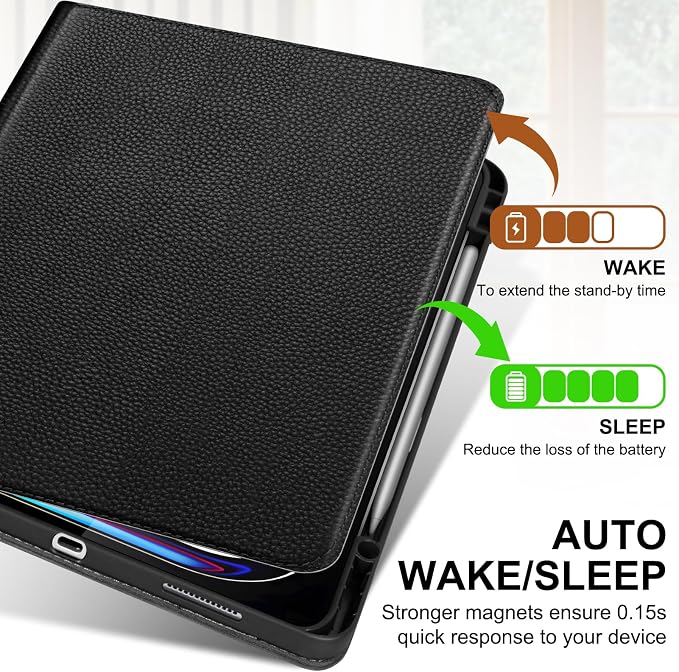 Genuine Leather Case for iPad 11th Gen 11/10th Gen 10.9 Black | Pencil Holder Adjustable Stand Auto Wake/Sleep Shockproof