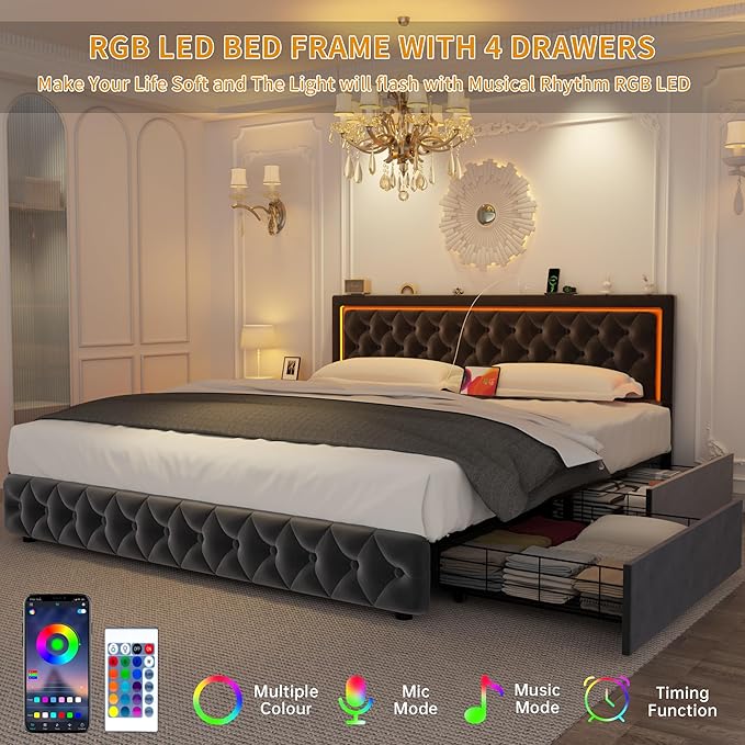 Full Bed Frame with 4 Storage Drawers, Velvet Upholstered Bed Frame Full Size with Charging Station and LED Lights, 46" Adjustable Button Tufted Headboard, No Box Spring Needed, Grey