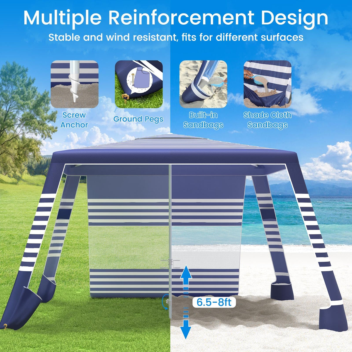MoKo Beach Cabana, 8'×8' Large Beach Canopy with Side Wall, UPF 50+ Protection Easy Setup Beach Tent Sun Shelter, Adjustable Height Wind Resistant Cabana Beach Tent for Whole Family, Navy Stripes