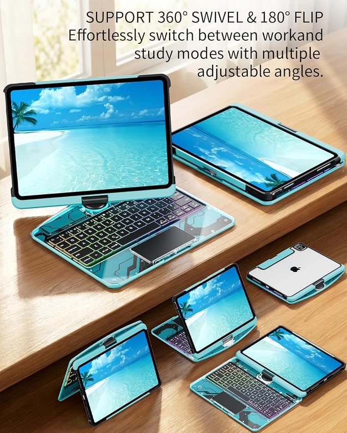 360°Rotation Bluetooth Keyboard Case for iPad 11th Gen（A16）10th 10.9 inch | iPad keyboard case 11/10th generationTouchpadKeyboard Battery Level Visualization360° rotateand 180° flip7-color backlit