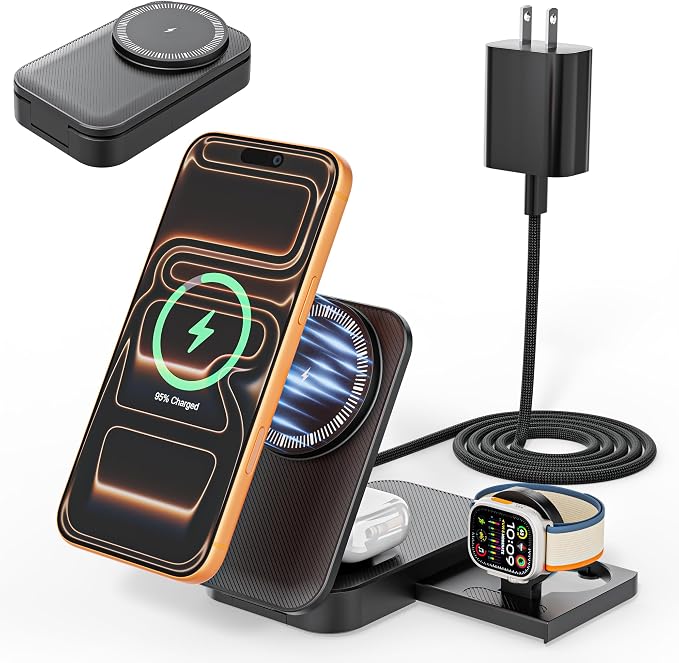3 in 1 Wireless Charger Stand 25W Foldable Wireless Charging Station for Apple Multiple Devices Fast Magnetic Charger with 6FT USB C Cable for iPhone 17 16 15 14 13 12 Series/Apple Watch/AirPods Pro