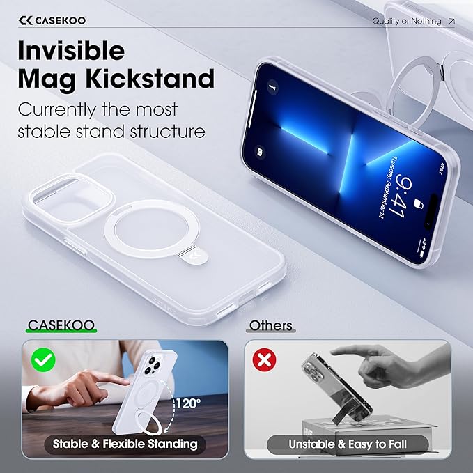CASEKOO Designed for iPhone 13 Pro Max Case with Magnetic Invisible Stand [Military Drop Protection] [Compatible with MagSafe] Shockproof Translucent Matte Slim Promax Phone 6.7", Translucent White
