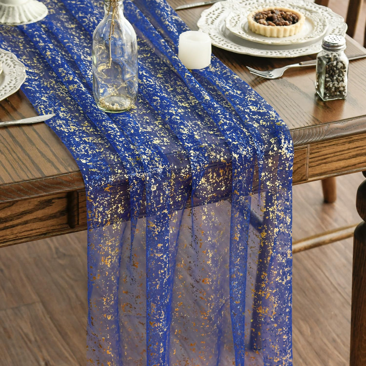 Artoid Mode 3Pcs Beige Gold Gauze Table Runner 120 Inch 10FT, Glitter Metallic Foil Sheer Dining Wedding Anniversary Holiday Birthday Table Decor for Home Party
