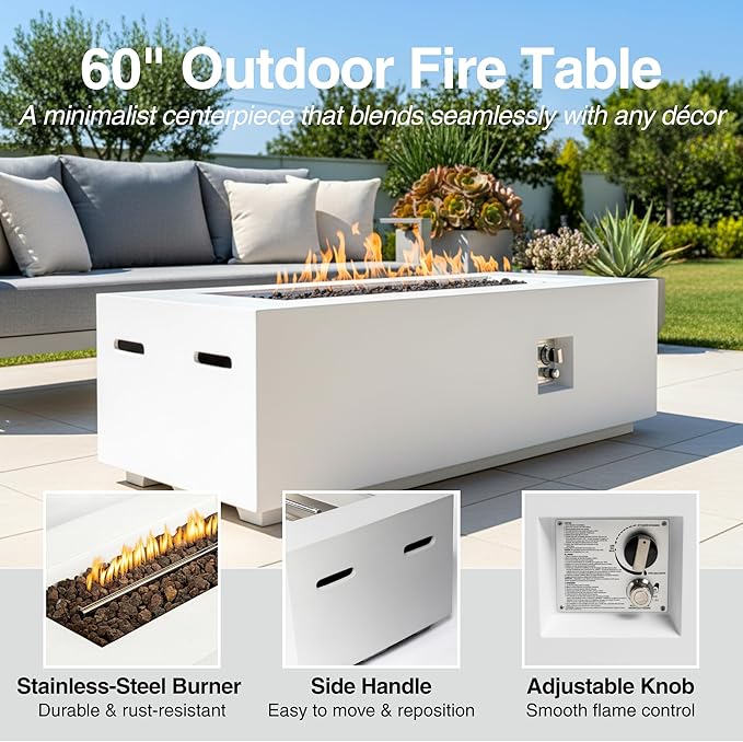 HillAethel 60-Inch Rectangular Outdoor Gas Propane Fire Pit Table,60,000 BTU Light Concrete Fire Table with Waterproof Cover, Tank Seat,Free Lava Rocks, for Outside Patio Backyard,White