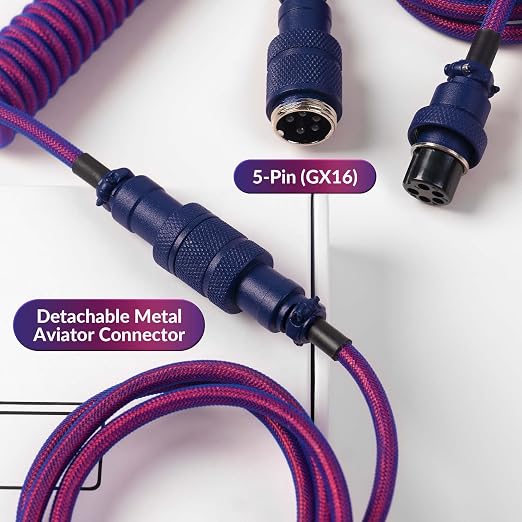 Keychron Premium Coiled USB-C Angled Purple Cable 5-Pin GX16 Detachable Metal Connector USB-A Adapter Double-Sleeved Design for Mechanical Keyboards Charging and Data Sync