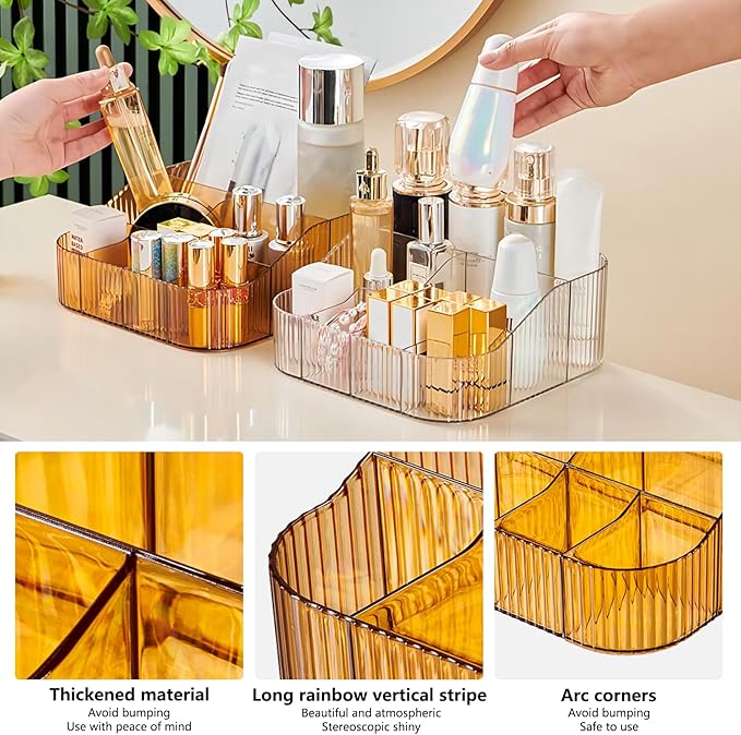 DASITON Large Capacity Makeup Brush Holder,8 Slot Makeup Brush Cup,Vintage striped Make Up Brush Holder,for Vanity Decor,Bathroom Countertops,Desk Storage Container,Cosmetic Display cases(Yellow-XL)