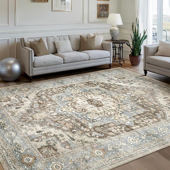 Area Rugs 5x7 - Machine Washable Vintage Oriental Soft Rug, Low Pile Thin Floor Carpet with Non Slip Backing for Living Room, Bedroom,Dorm, Kitchen, Indoor House, Office Rolling Chair