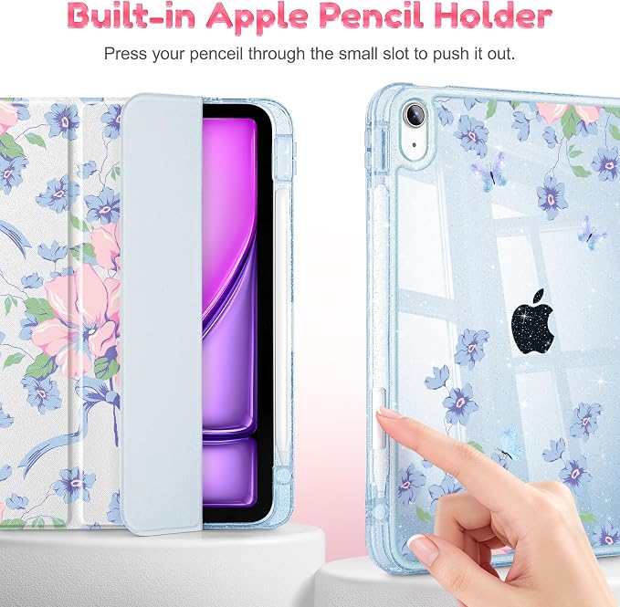 for iPad Air 11 inch M4/M3/M2 (2026/2025/2024) iPad Air 5th/4th Gen (2022/2020) 10.9 inch with Pencil Holder Glitter Clear Pretevtive Cover Auto Wake/Sleep Black Cartoon Stickers