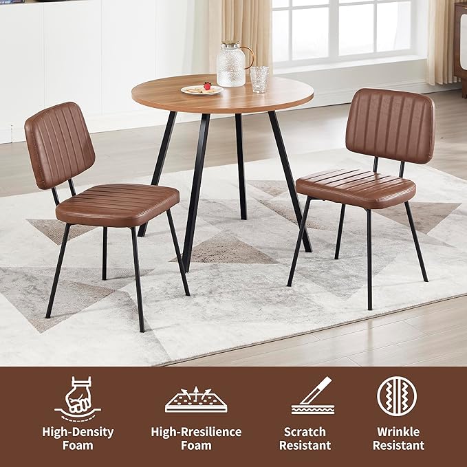 Dining Chairs Set of 2, Faux Leather Upholstered Dining Chairs, Mid Century Modern Kitchen Dining Room Accent Chairs with Curved Backrest and Steel Frame for Living Room, Vanity - Coffee