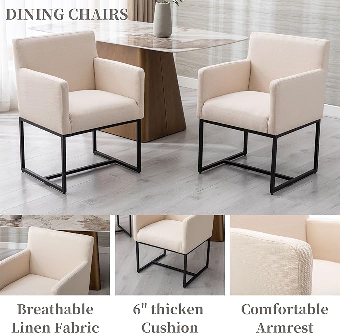 Linen Upholstered Dining Chairs with Arms Set of 2, Mid Century Modern Kitchen Chairs with Black Metal Frame Accent Armchairs Padded, Cream
