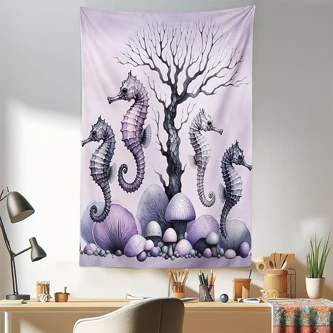 Ambesonne Purple Tapestry, Dried Tree with Mushrooms in Lilac Color Palette and Huge Seahorse Prints, Fabric Wall Hanging Decor for Bedroom Living Room Dorm, 30" X 45", Mauve and Lavender