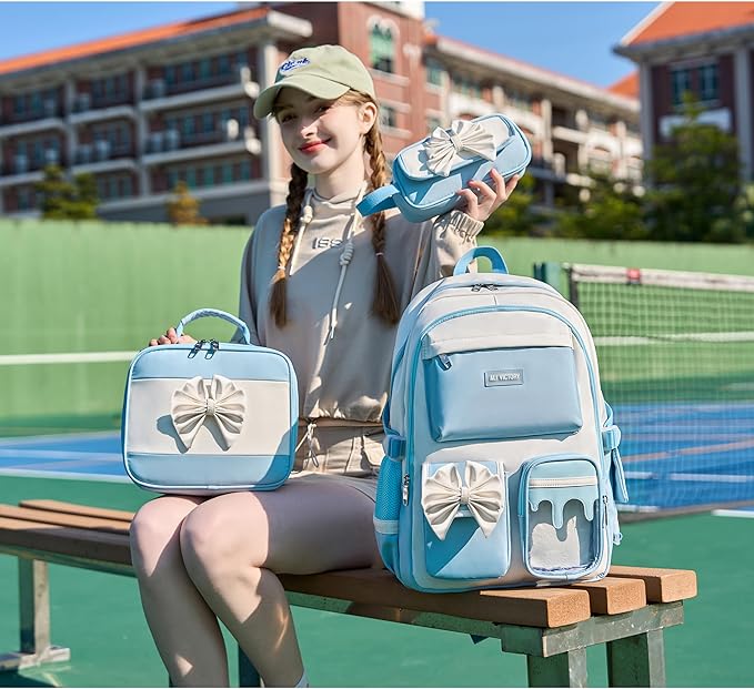 School Backpack for Girls 3PCS Nylon Kids Backpack Set with Lunch Box & Pencil Pouch, Cute Lightweight Teen Girls School Bag Laptop Bag Travel Daypack for Elementary Middle High School Beige Blue