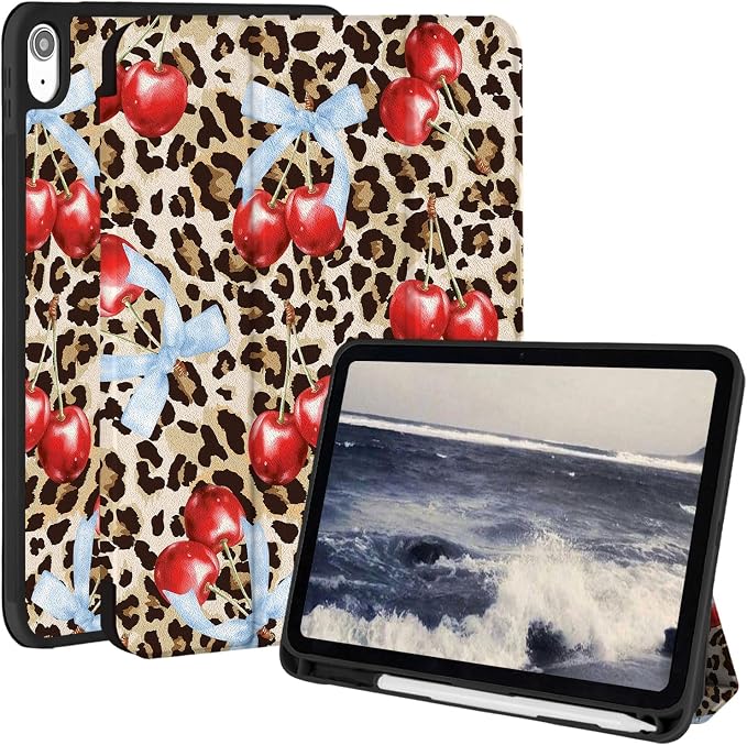 Case for iPad 9th/ 8th/ 7th Generation Case 10.2&amp10.5 Inch (2021/2020/2019 Release) Slim Lightweight Soft Trifold Back Cover with Pencil Holder &amp Auto Sleep/Wake Cover Cherries Cheetah Bows