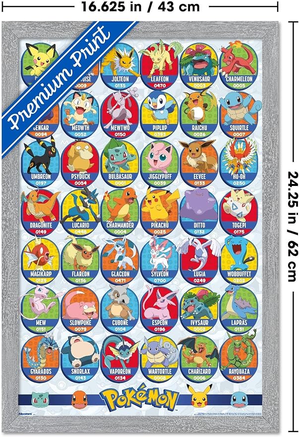 Pokémon: All-Time Favorites - Grid Wall Poster, 22.4L" x 14.7W", Gray Framed Version