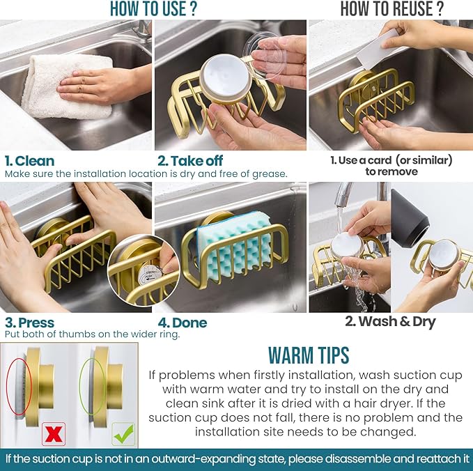 TAILI Sponge Holder for Kitchen Sink with Strong Suction Cup, Rustproof Aluminum Sink Caddy for Sponges, Removable Sponge Holder, Dish Brush for Scraper - Gold