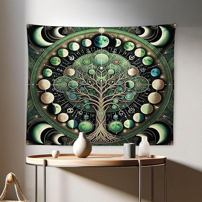 Ambesonne Green Tapestry, Moon Phases Around a Tree of Life Enhance Night Boho Astrology Design Print, Fabric Wall Hanging Decor for Bedroom Living Room Dorm, 28" X 23", Black Ecru and Blue