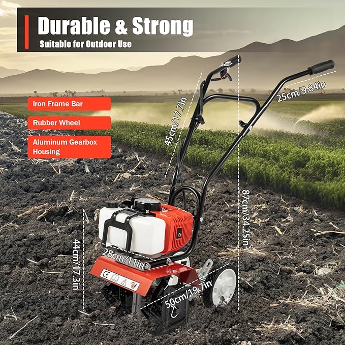 52CC 2-Stroke Garden Tiller Cultivator, 1.7KW Gas Garden Rototiller Tiller Machine with Infinite Speed Regulation, 7000RPM Garden Cultivator Farm Lawn Tilling Tool for Cultivation Trenching Loosening