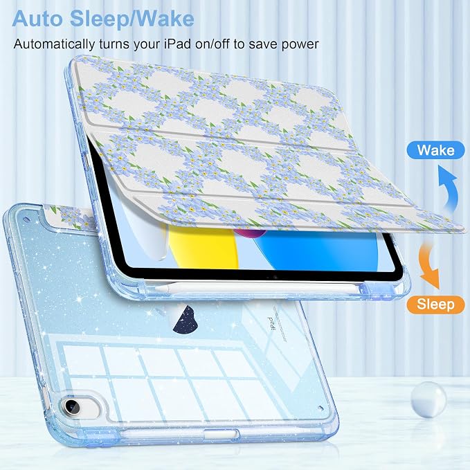 MEEgoodo Case for iPad A16 11th Generation 2025/10th Generation 2022 Glitter Tablet Cases with Transparent Acrylic Back+Trifold Stand +Pencil Holder+Auto Wake/SleepAbstract Sun &amp Palm Tree