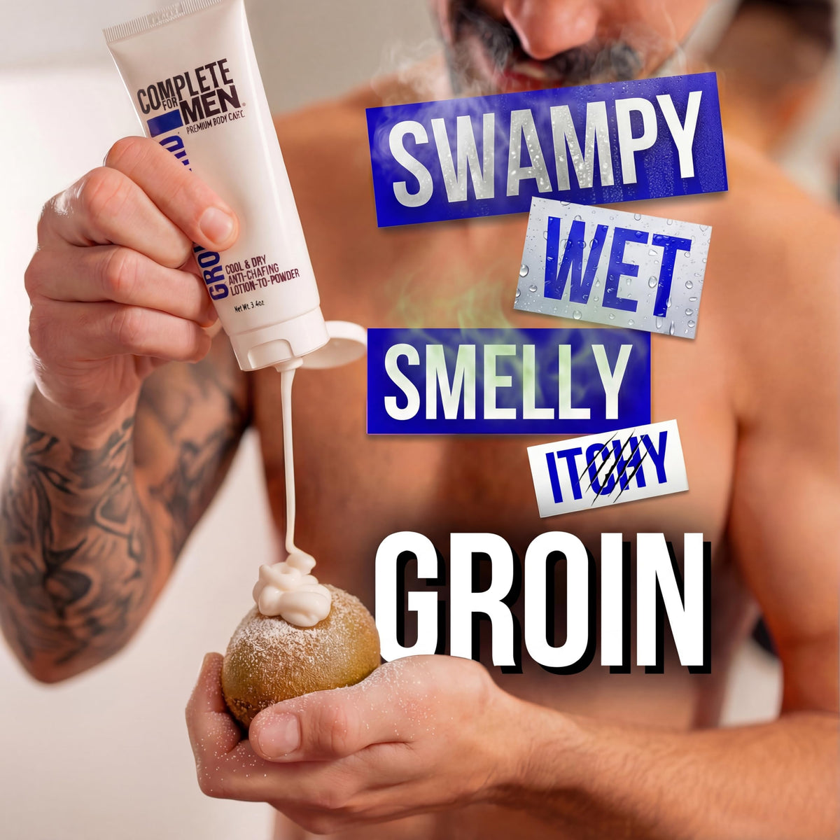 COMPLETE FOR MEN Groin Guard Anti-Chafing Cream Lotion to Powder, Stops Chafing, Sweat Defense, Odor Control, Fresh Scent, Ball & Thigh Protection