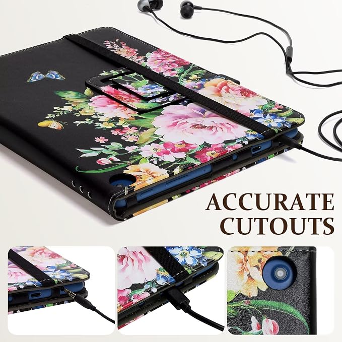 Fancity Case for Kindle Fire HD 10/10 Plus 13th/11th Generation 2023/2021 | Premium PU Leather Protective Case with Adjustable Angles Auto Wake/Sleep Hand Strap for Fire HD 10/10 Plus Black Floral