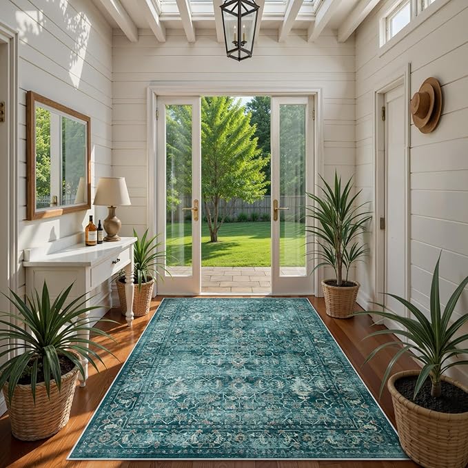 Lahome Vintage 5x7 Washable Blue Rugs for Living Room Bedroom, Soft Dining Room Rugs for Under Table, Non Slip Indoor Throw Carpet for Entryway Kitchen Office (5x7ft,Blue)
