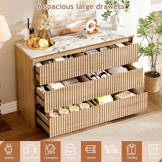 Fluted Dresser for Bedroom with 6 Drawers, 47.2" Modern Chest of Drawers with Faux Marble Top, Curved Profile Design,Dresser TV Stand, Wood Drawer Organizer for Living Room, Hallway, Oak1