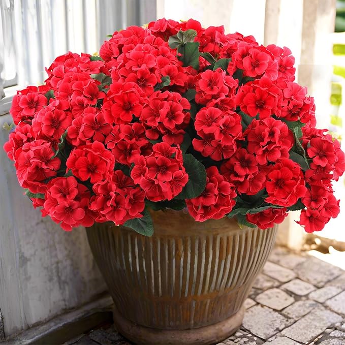 Hananona 6 Pcs Artificial Geranium Flowers for Outdoors Geranium Silk Red Flower Outdoor UV Resistant Garden Plants Faux Flowers for Christmas Home Kitchen Table Centerpieces Decor (6, Red)