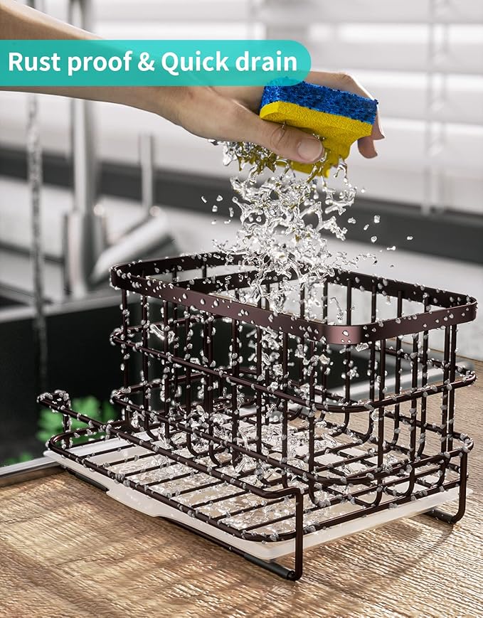 HapiRm Multifunctional Kitchen Sink Caddy with Removable Drain Tray, Quick Draining Rustproof Sink Organizer, Stainless Steel Kitchen Sponge Holder for Sponge, Cleaning Towel and Scrubber-Bronze