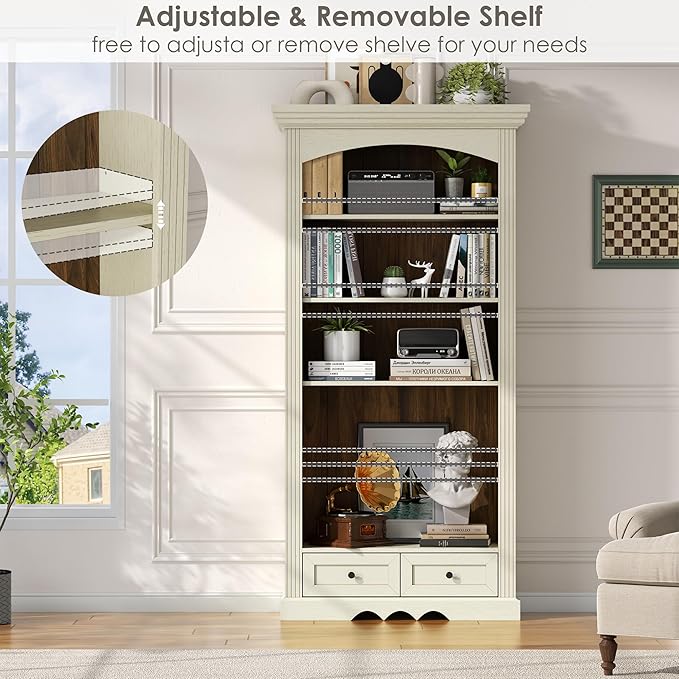 71’’ Tall Arched Bookcase with Stroage of 2 pcs, Farmhouse 5-Tier Arch Bookshelf with Drawers, Freestanding Book Shelf with Adjustable Shelf and Roman Column Pattern for Home Office (2, White)