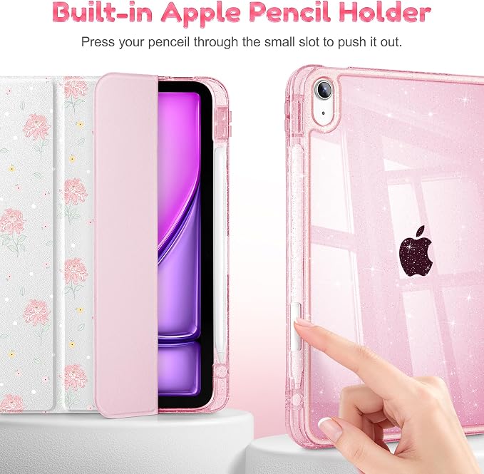 for iPad Air 11 inch M4/M3/M2 (2026/2025/2024) iPad Air 5th/4th Gen (2022/2020) 10.9 inch with Pencil Holder Glitter Clear Pretevtive Cover Auto Wake/Sleep Black Cartoon Stickers