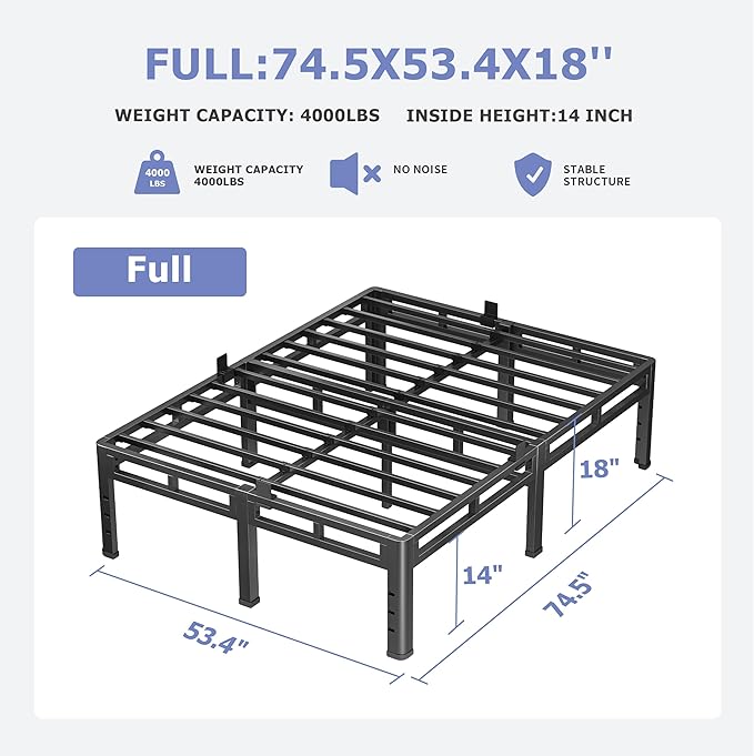 NKZ 18 Inch Full Size Bed Frame, Metal Bed Frame & Box Spring 2 in 1 Platform with Round Corner Legs, 4000Lbs Heavy Duty Metal Frame, Mattress Slide Stopper, Headboard Hole, Noise-Free, Easy Assembly