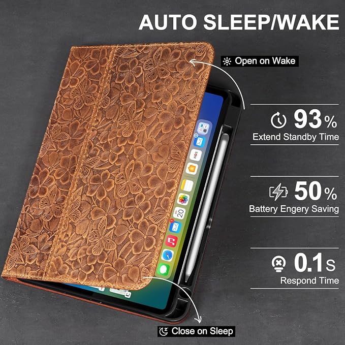 Leather Case for iPad (A16) 11th (11)/ 10th Generation (10.9) Full Grain LeatherProtective Smart Folio Cover with Pencil Holder Auto Sleep/WakeAnti Slip Black Silver