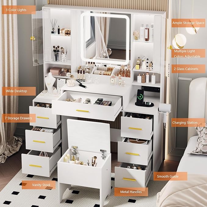 Makeup Vanity with LED Light Strip Mirror and Chair, 7 Drawers & 2 RGB Cabinets White Vanity Makeup Desk with Power Strip, Adjustable LED Lighting, and Cushioned Stool for Women, Girls, Teens
